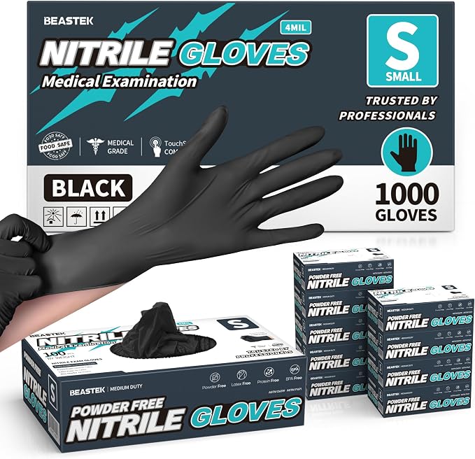 Black Nitrile Exam Gloves, 4 Mil, Powder-Free Food Prep Disposable | Soft+ • Powder-Free • Latex-Free • Medical • Examination • Cooking • Cleaning • Food Prep • Tattoo • Black • 100 Ct & 1000 Ct
