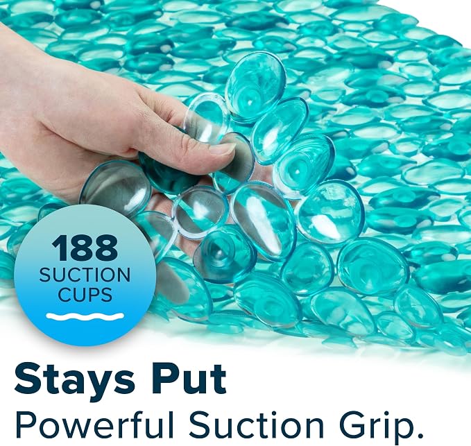 SlipX Solutions 38"x17" Pebble Non Slip Mat for Bath & Shower, Aqua | Foot Massaging Accupressure Bathtub Mat, River Rock Look, 188 Suction Cups, Machine Washable