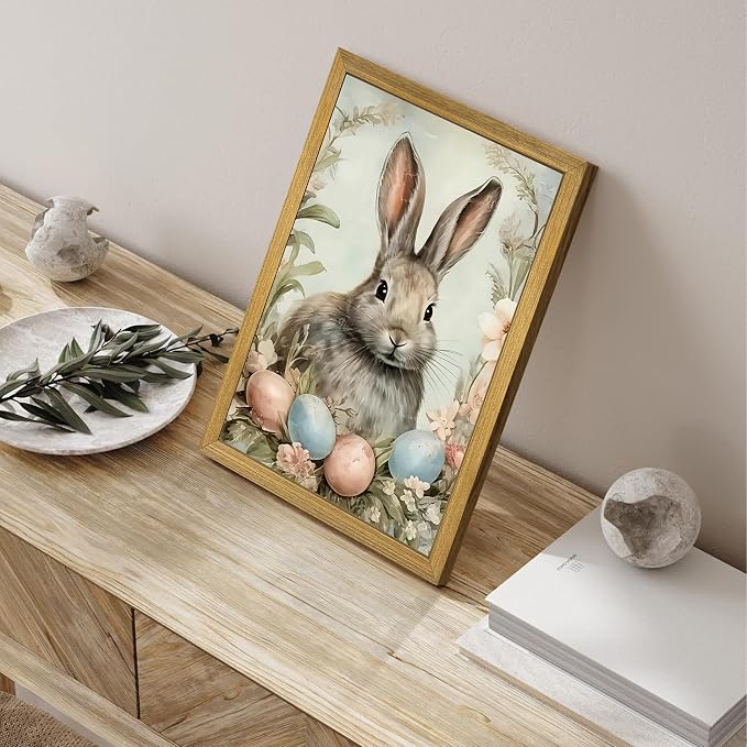 Easter Bunny Wall Art, Vintage Rabbit Canvas Wall Decor, Easter Eggs Poster Print Picture, Spring Farmhouse Animal Painting for Living Room Bedroom Kitchen Holiday Home Decor 12x16 Inch Wood Framed