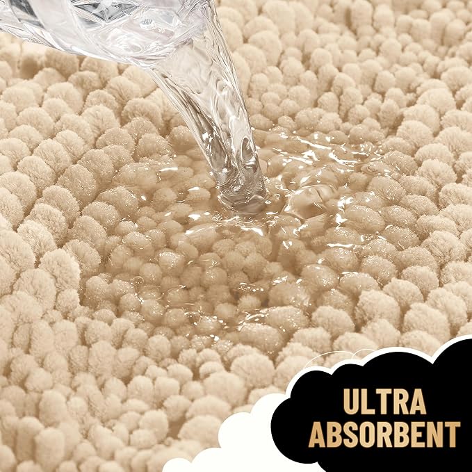 OLANLY Thick Large Bathroom Rugs 44x32, Soft Chenille Bath Rugs, Beige | Absorbent Striped, Rubber Backing, Machine Wash Dry, Bath Mats for Bathroom Floor, Tub and Shower, Home Decor Accessories