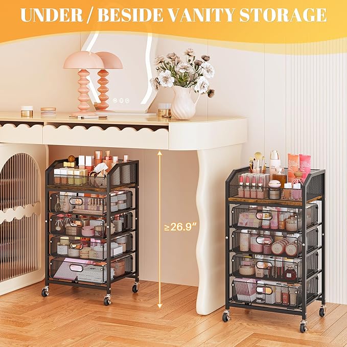 SUNALLY Rolling Makeup Cart with Drawers, Rolling Vanity Nail Cart, Black | 5-Tier Metal Floor Beauty Vanity Organizer, Makeup Storage Cart for Skincare, Cosmetic, Nail Polish Supply, Kitchen, Bathroom