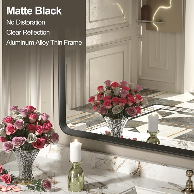 48x36 Black Matte Bathroom Mirror for Wall | Black Metal Frame, Rounded Rectangle Mirror, Beveled Frame, Anti-Rust, Shatterproof (Horizontal/Vertical)