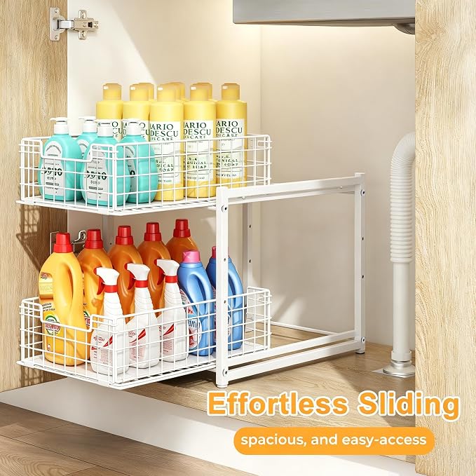 Under Sink Organizer, 2-Tier Pull Out Cabinet Organizer, Kitchen Bathroom Organizer and Storage, Spice Rack for Kitchen, Multi-use Sliding Drawers Shelves (1, white)