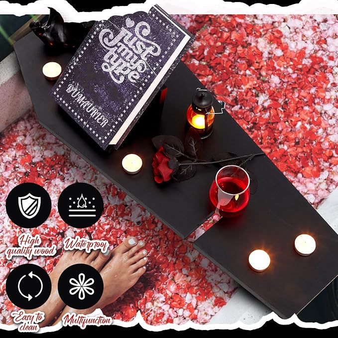 Barydat Halloween Decorations Coffin Bath Tray Gothic Coffin Serving Tray with Tablet Stand Spooky Goth Bathtub Caddy Black Wood Bath Board for Halloween Home Decor Bathroom Accessories