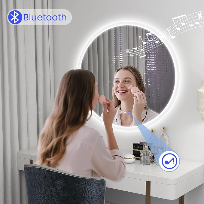 STARLEAD 28" Round LED Bathroom Mirror with Bluetooth Speaker, Dimmable Lighting, 3 Color Modes, Anti-Fog, Touch Control Wall Mounted Vanity Mirror