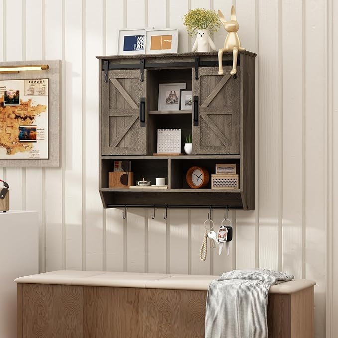 RUSTOWN Farmhouse Bathroom Wall Storage Cabinet with Sliding Barn Doors | 3-Tier, Rustic Wood Wall Mounted Cabinets, Vintage Medicine Cabinet, Adjustable Shelves, Over The Toilet Storage Cabinet
