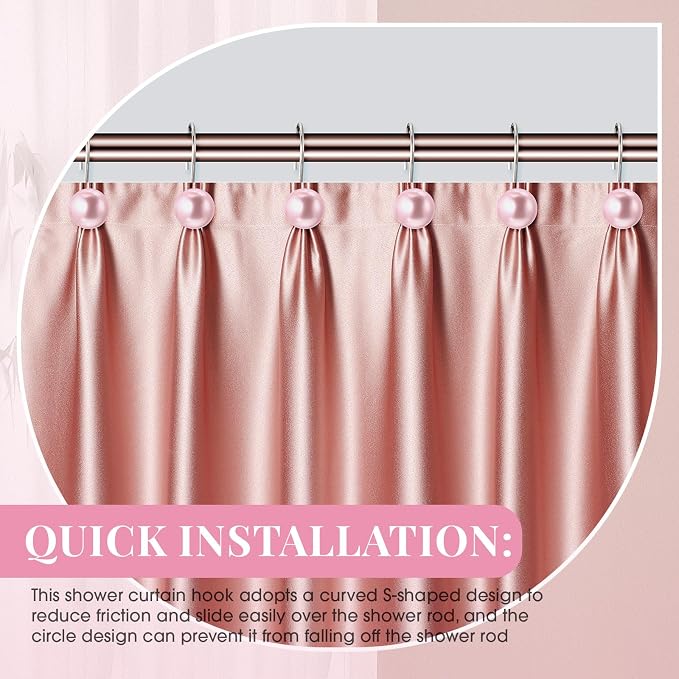 12 Pcs Cute Shower Curtain Hooks Shower Curtain Rings Artifical Pearl Decorative Vintage Rustproof Hooks for Bathroom Country Farmhouse Decor (Pink)