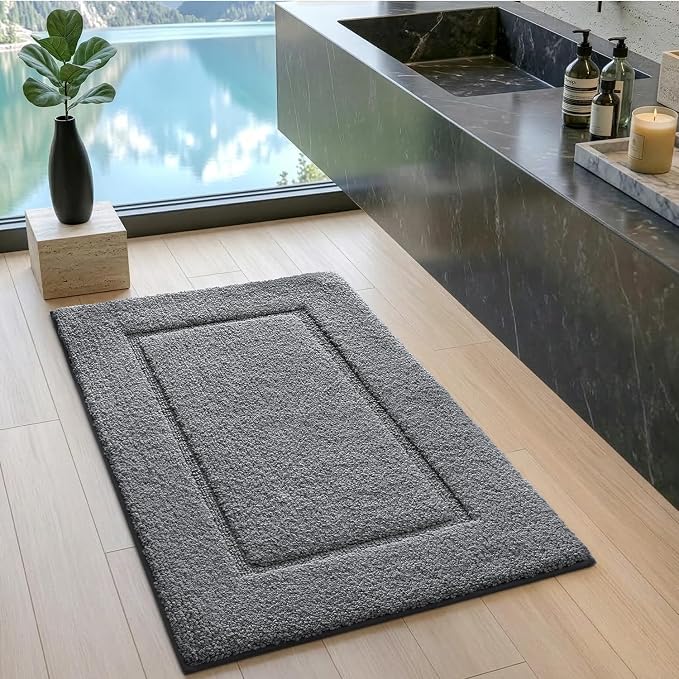 DEXI Bath Mat 24x16, Absorbent and Non Slip Bathroom Rugs, Grey | Soft Plush Microfiber Bathmat, Machine Washable & Quick Dry, Rubber Back Small Rug for Shower, Tub, Sink