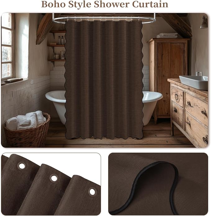 Boho Scalloped Linen Textured Cloth Shower Curtain Set, 72x84, Brown | Tall Size, 230GSM Waterproof Polyester, Heavy Duty Fabric, 12 Plastic Hooks, Elegant Modern Farmhouse Style, Machine Washable