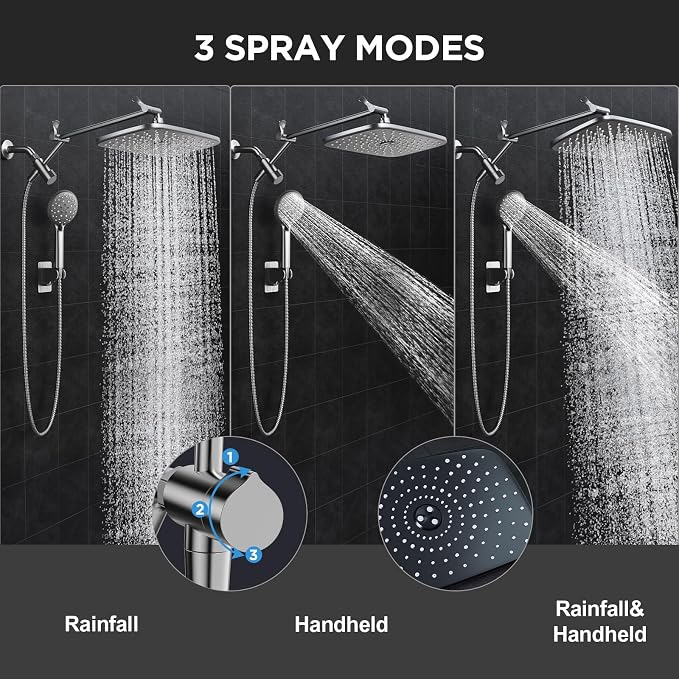 Veken Gunmetal Gray 11.8" High Pressure Shower Head with Handheld, Durable | Handheld Shower with Multi Spray Modes, Rainfall Combo with 15" Metal Extension Arm, Detachable Dual Shower, Bathroom Decor