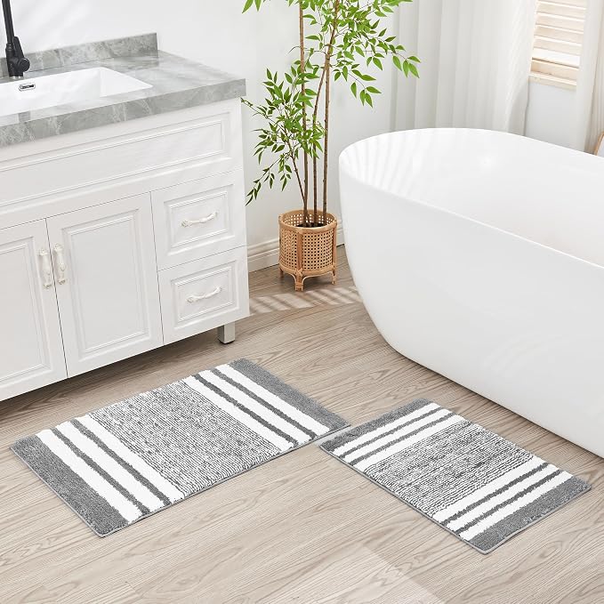 CozeCube Grey Striped 24"x16" Non Slip Washable Bath Mat | For Bathroom, Fluffy Absorbent Microfiber Bath Mats Machine Wash, Stylish Small Aesthetic Bathroom Rugs