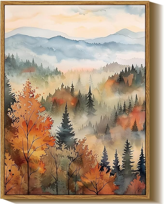 InSimSea Framed Canvas Prints Art Vintage Decor, Classical Retro Fall Forest Painting Autumn landscape Trees Canvas Prints Home Decor Office Farmhouse Bathroom, 12x16inch