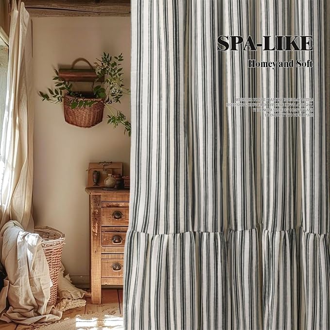 Farmhouse Shower Curtain Ruffle Linen Cream-Black Stripe 72"W x 84"L | Farmhouse Boho, Striped, Bottom Ruffle, Linen Fabric, Rustic, Country, Natural Look, Washable, for Bathroom Bathtub