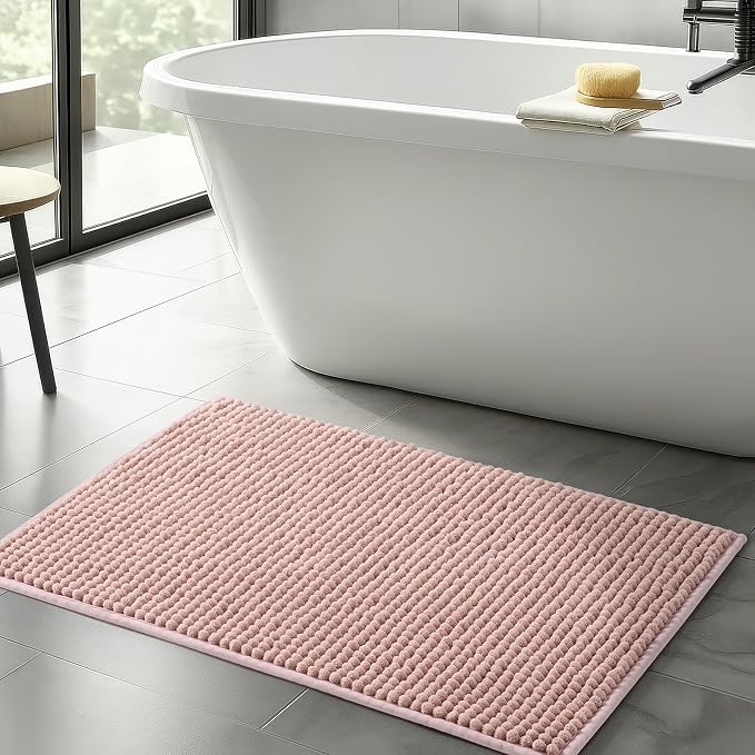 FRESHMINT Thick Chunky Chenille Bathroom Rug, Dusty Pink, 24"x36" | Non-Slip Backing, Water Absorbent Surface, Machine Washable Care, Cushioned Comfort, Bathroom Floor Use