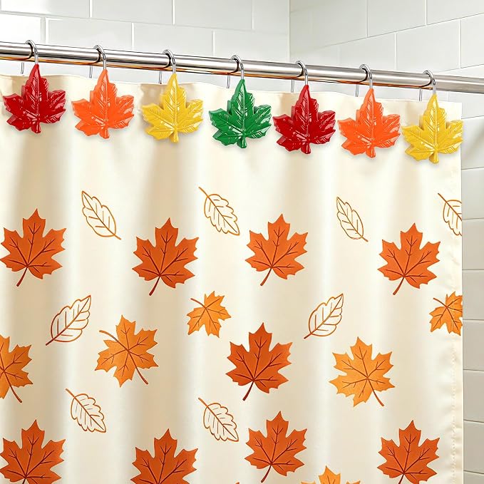 Fall Shower Curtain Hooks 12 Pcs Decorative Maple Leaf Rings Halloween | Resin Metal Standard Size, Smooth Gliding Rust Proof, Autumn Theme 12 Pack, Bathroom Thanksgiving Halloween Decor