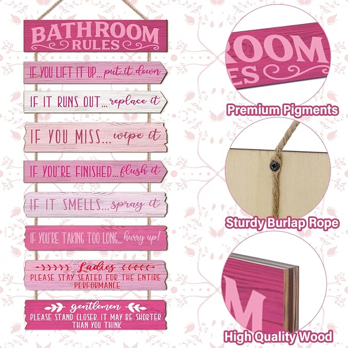 Bathroom Wall Decor Funny Bathroom Signs Bathroom Rules Pictures Wall Art Decor Rustic Farmhouse Toilet Decor Wooden Sign (Pink)