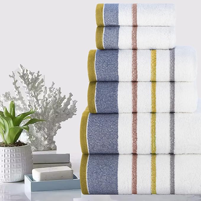 CASA COPENHAGEN 6pcs Bathroom Towel Gift Set, 600GSM,White - Charcoal | White Bay 100% Egyptian cotton ,2Bath 2Hand 2Washcloths, Towels for Bathroom. (Gift Set for Women & Men)