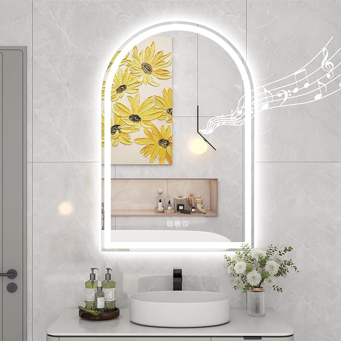 STARLEAD 36"x24" Arched LED Bathroom Mirror with Bluetooth Speaker, Dimmable Lighting, 3 Color Temperature, Anti-Fog, Touch Control Wall Mounted Vanity Mirror