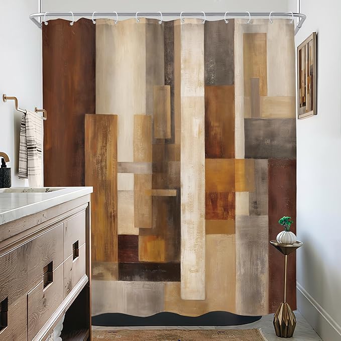 Brown Shower Curtain Rustic Tan Abstarct Wooden Bathroom Curtain Set | 60Wx72H Retro Block Geometric Farmhouse Waterproof Hd Print With Fast-Drying Fabric And 12 Hooks