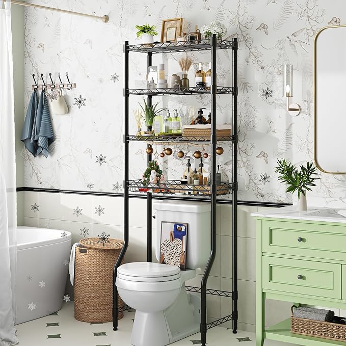 Simple Trending 4 Tier Over The Toilet Storage Rack, Bathroom Organizers and Storage Over Toilet with Adjustable Shelf and Basket, (Black)