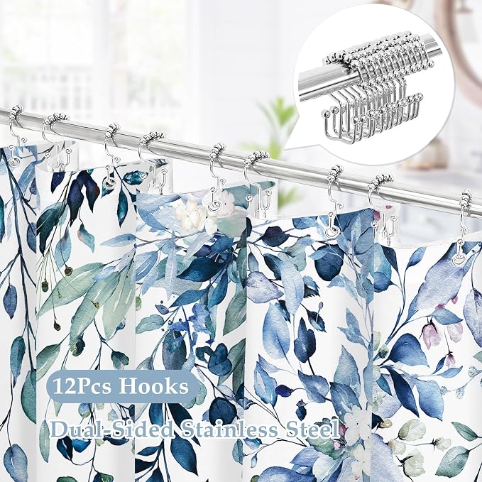 3 in 1 Shower Curtain Set, Blue Eucalyptus Curtain 72x84 | Bath Curtain and PEVA Liner Set with 12 Metal Hooks, Waterproof Fabric Bathroom Decor, Machine Washable, Rustproof Grommets