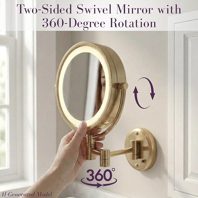 JERDON Hardwired Wall-Mount Makeup Mirror - 8X/1X - Gold - HL88BGLD | 8.5" Round Frame, 13.5" Wall Arm, LED Lighting, Direct Wire Installation