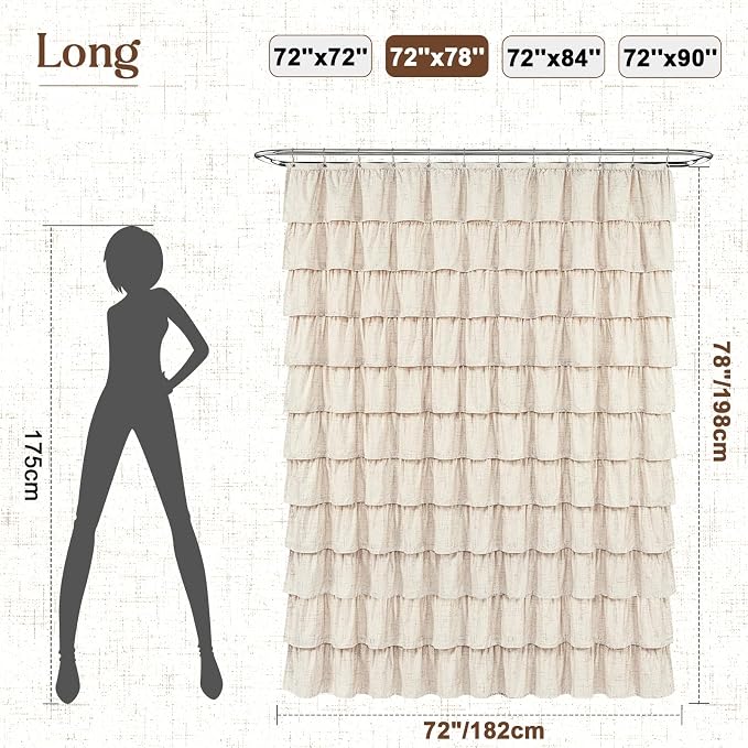 Yinhua Long Farmhouse Shower Curtains for Bathroom with Ruffle, 72" Wx78 L | Ruffle Design, Vintage Rustic Boho, Washable Waterproof Shower Curtain for Bathroom Bathtub, 12 Metal Hooks