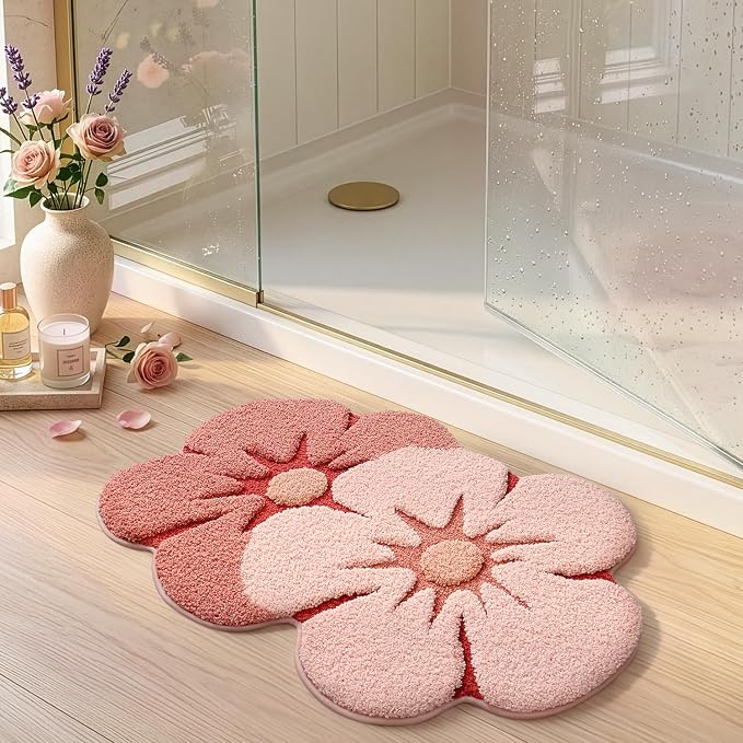 LUMI Flower Bathroom Rug, Absorbent Non Slip Bath Mat, 20"x32", Pink Flower | Funny Soft Plush Microfiber Rug, Quick Dry, Washable Cute Pink Bath Mats for Shower Floor, Sink Bathtub, Bedroom, Kids Room