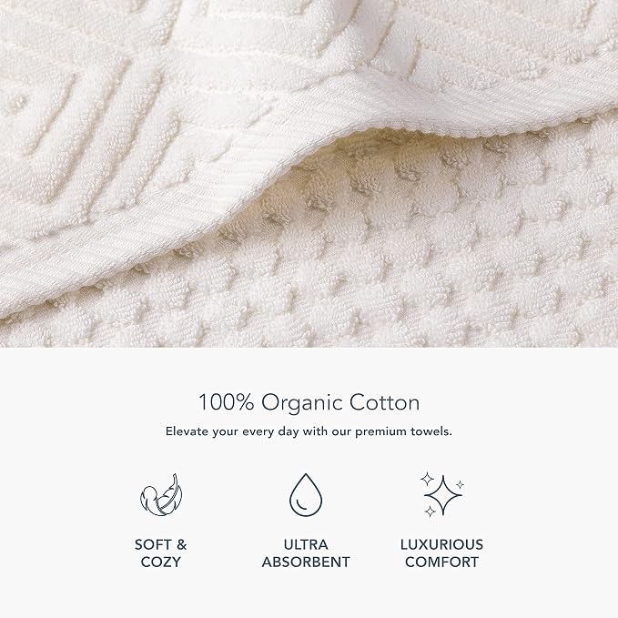 Texere 100% Organic Cotton Diamond Jacquard Luxury Bath Towel Sets - Soft and Absorbent Hotel and Spa Quality - 2 Large Bath Towels, 2 Hand Towels, 2 Washcloths (Diamond, Cream, 6 Piece)
