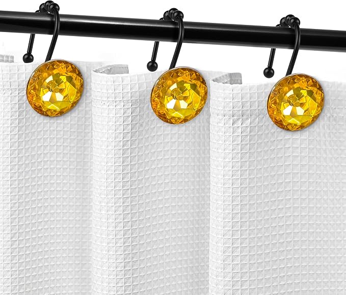 Sunlit Luxury Design Round Yellow Diamond Crystal Gem Bling with Glide Balls Shower Curtain Hooks, Rust Proof Metal Rhinestones Glam Shower Curtain Rings with Black Hooks, Set of 12