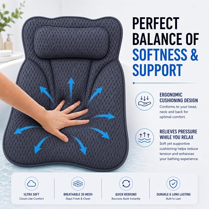 Bath Tub Pillow, Extra Thick Luxury Cushion with Strong Suction Cups for Head, Neck & Back Support, Breathable Spa Pillow for Relaxing Night Bath (Black)