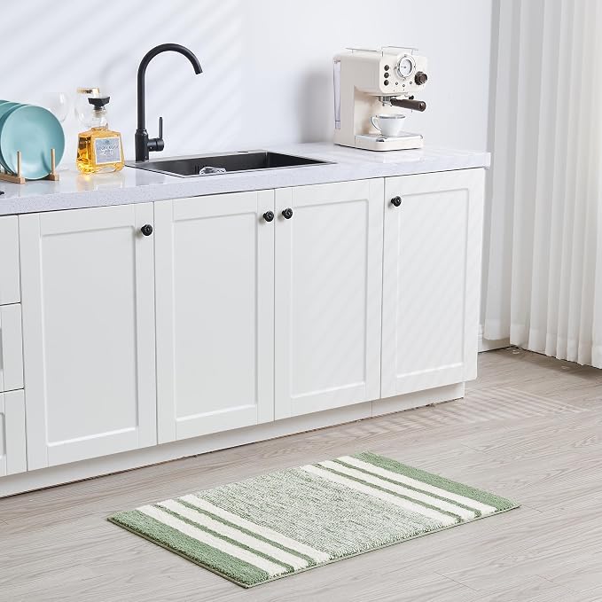 CozeCube Sage Green Striped 36"x24" Non Slip Washable Bath Mat | For Bathroom, Fluffy Absorbent Microfiber Bath Mats Machine Wash, Stylish Large Aesthetic Bathroom Rugs