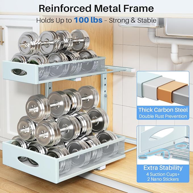 Under Sink Organizer, 2 Pack 2 Tier Pull Out Under Cabinet Organizer Shelf with Pad for Framed Cabinets, Metal Slide Out Under Sink Storage, Mesh Sliding Drawers for Kitchen Bathroom Laundry, Blue