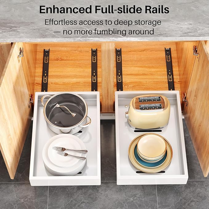 Pull out Cabinet Organizer, 21"Deep, Heavy Duty Full-Extension Slide out Drawers for Kitchen Cabinets with Nano Adhesive, Roll Out Shelf Sliding Cabinet for Pots, Bathroom, Pantry, Under Sink, White