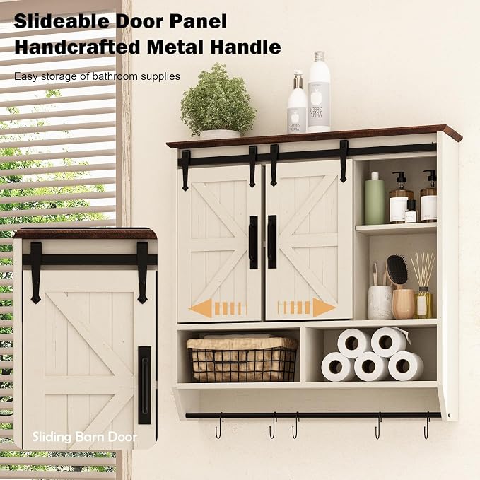 RUSTOWN Farmhouse Bathroom Wall Storage Cabinet with Sliding Barn Doors | 3-Tier, Rustic Wood Wall Mounted Cabinets, Vintage Medicine Cabinet, Adjustable Shelves, Over The Toilet Storage Cabinet