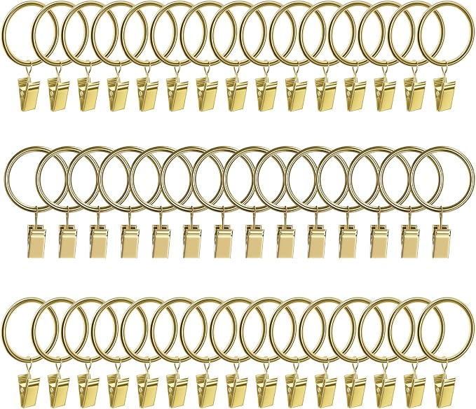 Lansian 44 Pack Curtain Rings with Clips Hooks 1.26 in Diameter Rustproof | Metal Stainless Steel Drapery Rings for Tension Rod Bracket Eyelets Decorative Hanger, Fits 1 in Rods, Gold