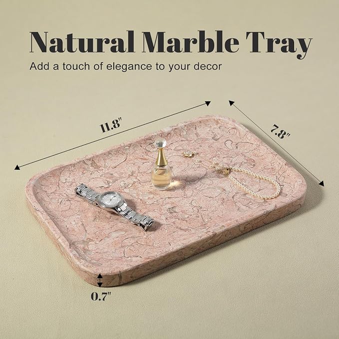 Marble Tray, 12"x8" Natural Marble Vanity Tray for Countertop Bathroom Kitchen Dresser, Decorative Catchall Trays for Perfume Jewelry, Rectangular Stone Serving Tray(Pink)