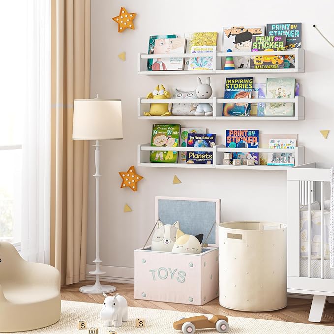 Fixwal Floating Nursery Book Shelves for Wall, 32in, Set of 3, White | Solid wood shelves store kids' books, toys and clothing. Fits kids' room, playroom, nursery, living room, bedroom & bathroom.
