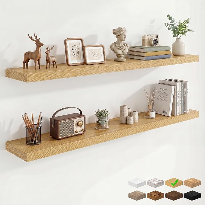 9.25in Depth 55in Floating Shelves, 55"W x 9.25"D x 1.5"H, Oak, 2Pcs | Long Wall Mounted Engineered Wood Shelves for Wall with Invisible Brackets for Living Room, Bedroom, Bathroom, Kitchen
