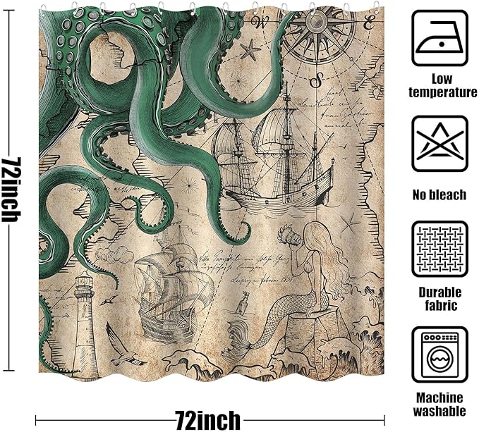 Fungarth Vintage Green Nautical Octopus Shower Curtain Mermaid Funny Ocean Kraken Shower Curtains for Bathroom Cool Anchor Coastal Map Waterproof Fabric Bath Curtain with Hooks (Retro2, 72” x 72”)