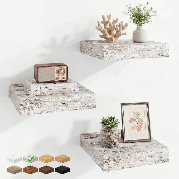 Marsmiles 9.25in Depth Floating Shelves, 10x10x1.4, Vintage White, Set of 3 | Small Wall Mounted Square Shelves, Engineered Wood, Invisible Brackets, Living Room, Bedroom, Bathroom, Kitchen Decor