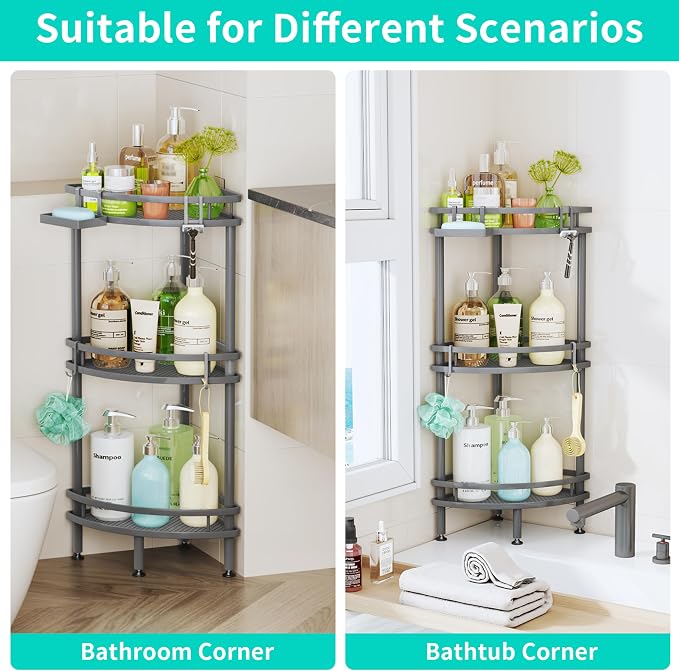 HapiRm Standing Corner Shower Caddy - 3 Tier Shower Organizer Corner with Soap Holder and 4 Hooks, Rustproof Bathroom Storage Shelves with Adhesives, Grey