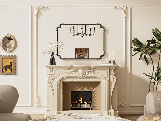 Baroque Antique Black Scroll Wall Mirror 40 x 30 Vintage Rectangle Framed Baroque French Rectangular Mirror for Mantle Fireplace Bathroom Living Room, Horizontal/Vertical