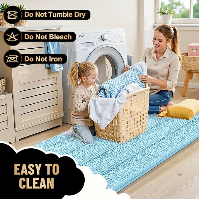 OLANLY Thick Bathroom Rugs 30x20, Soft Chenille Striped Bath Rugs, Sky Blue | Rubber Backing, Machine Wash, Extra Absorbent Bath Mats for Bathroom Floor, Tub and Shower, Home Decor Accessories