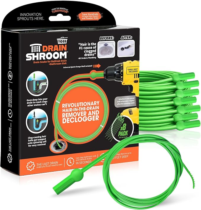 DrainShroom Toss-Disposable Hair Clog Remover, 24 inch Reach, 8 Pack, for Bathroom Drain Snake, Green