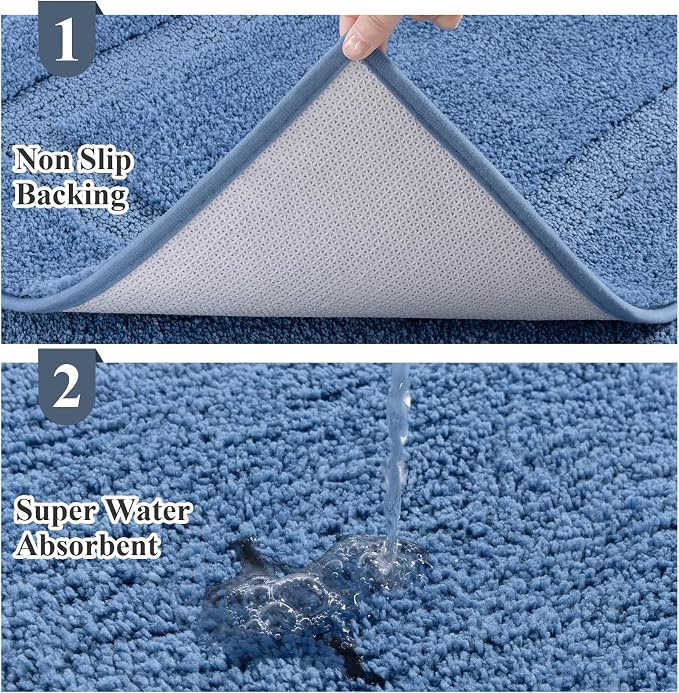 SHACOS Soft Microfiber Bathroom Rugs Set 2 Pieces with Toilet Rug | Absorbent Plush Bath Mat U Shaped Contour Bath Rug, Non Slip Washable Fluffy Bathroom Floor Mats, 32x20+24x20, Blue