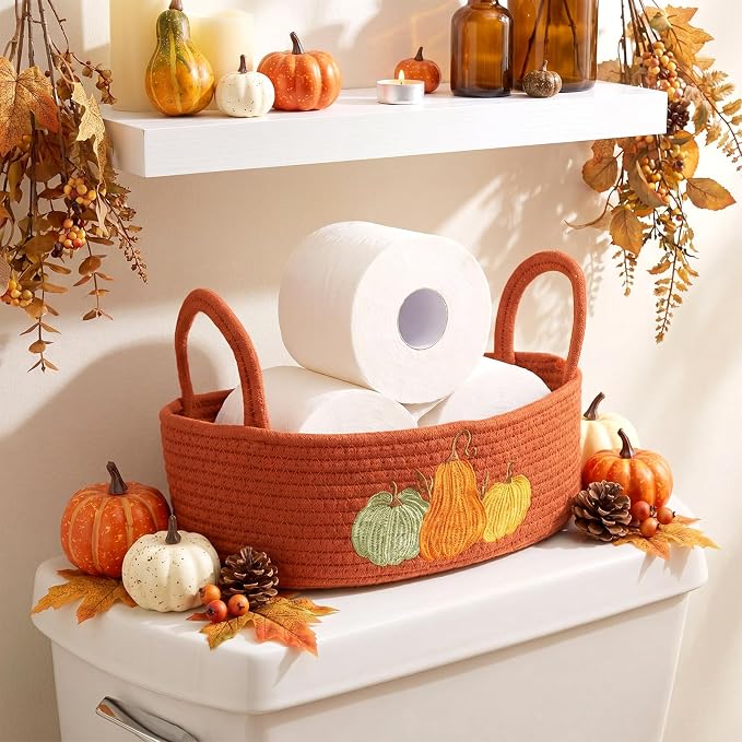 Vesici Pumpkin Basket Cotton Rope Bathroom Storage with Handle Fall | Boho Woven Organizer with 3 Pumpkin Charms, Holds Toilet Paper Toiletries, Orange Halloween Decor, 13x6x4 in