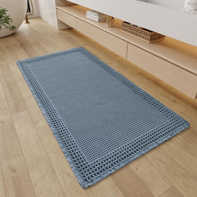 RESARE Waffle Bathroom Runner Rugs, Non Slip Boho Bath Mat 24"x48" Blue | Long Absorbent Bathroom Floor Mats Machine Washable Quick Dry, Soft Solid 2'x4' Bath Rugs with Tassels, Ideal Farmhouse Decor