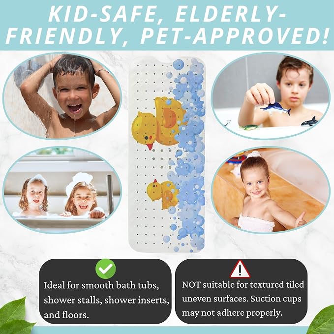 ENKOSI Non-Slip Bath & Shower Mat 40x16 Extra Long, Suction & Drain Holes | Fun rubber duck print for kids; Durable PVC; 40x16 in, Duck