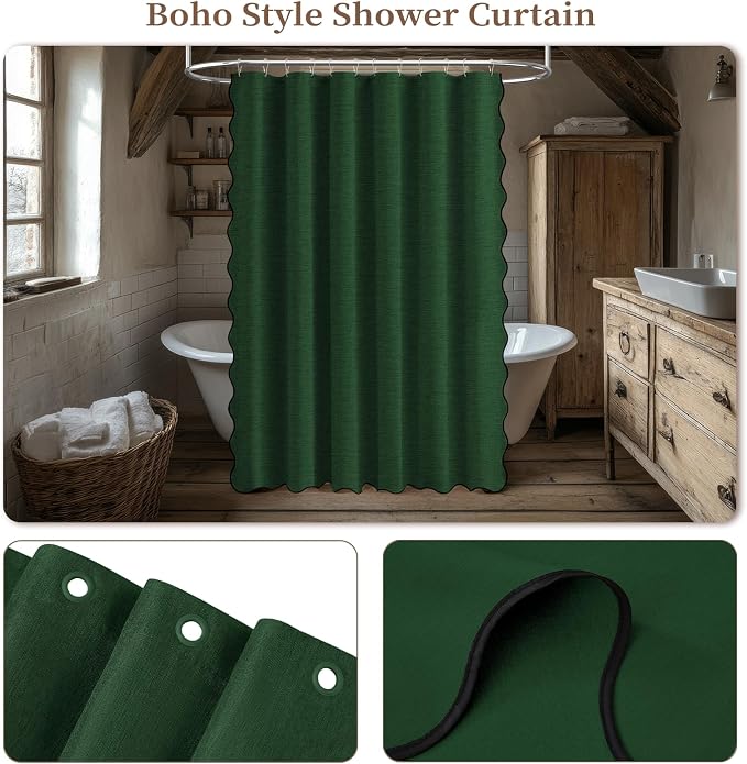 Boho Scalloped Linen Textured Cloth Shower Curtain Set, 72x84, Emerald | Tall Size, 230GSM Waterproof Polyester, Heavy Duty Fabric, 12 Plastic Hooks, Elegant Modern Farmhouse Style, Machine Washable